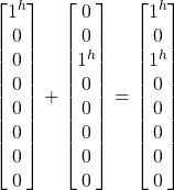 \begin {bmatrix} 1^h \\ 0 \\ 0 \\ 0 \\ 0 \\ 0 \\ 0 \\ 0 \end{bmatrix} + \begin {bmatrix} 0 \\ 0 \\ 1^h \\ 0 \\0 \\ 0 \\ 0 \\ 0 \end{bmatrix} = \begin {bmatrix} 1^h \\ 0 \\ 1^h \\ 0 \\0 \\ 0 \\ 0 \\ 0 \end{bmatrix}