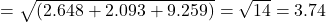 = \sqrt{( 2.648 +2.093 + 9.259)} =\sqrt{14} = 3.74